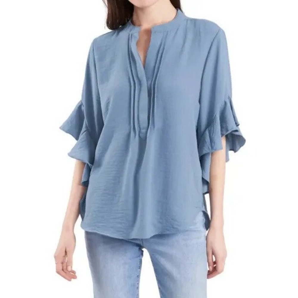Vince Camuto Women's Flutter Sleeve Matte Rumple Satin Blouse (1X, Steel Blue)